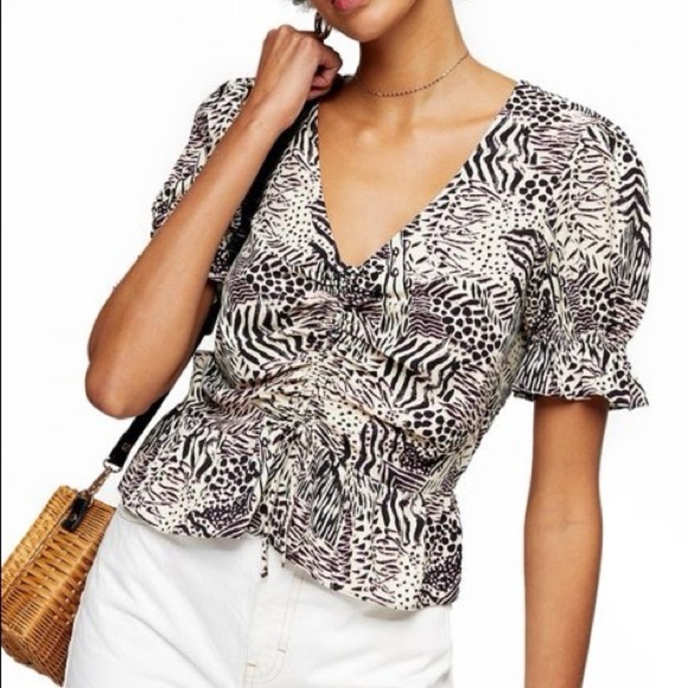 TopShop animal print ruffle blouse